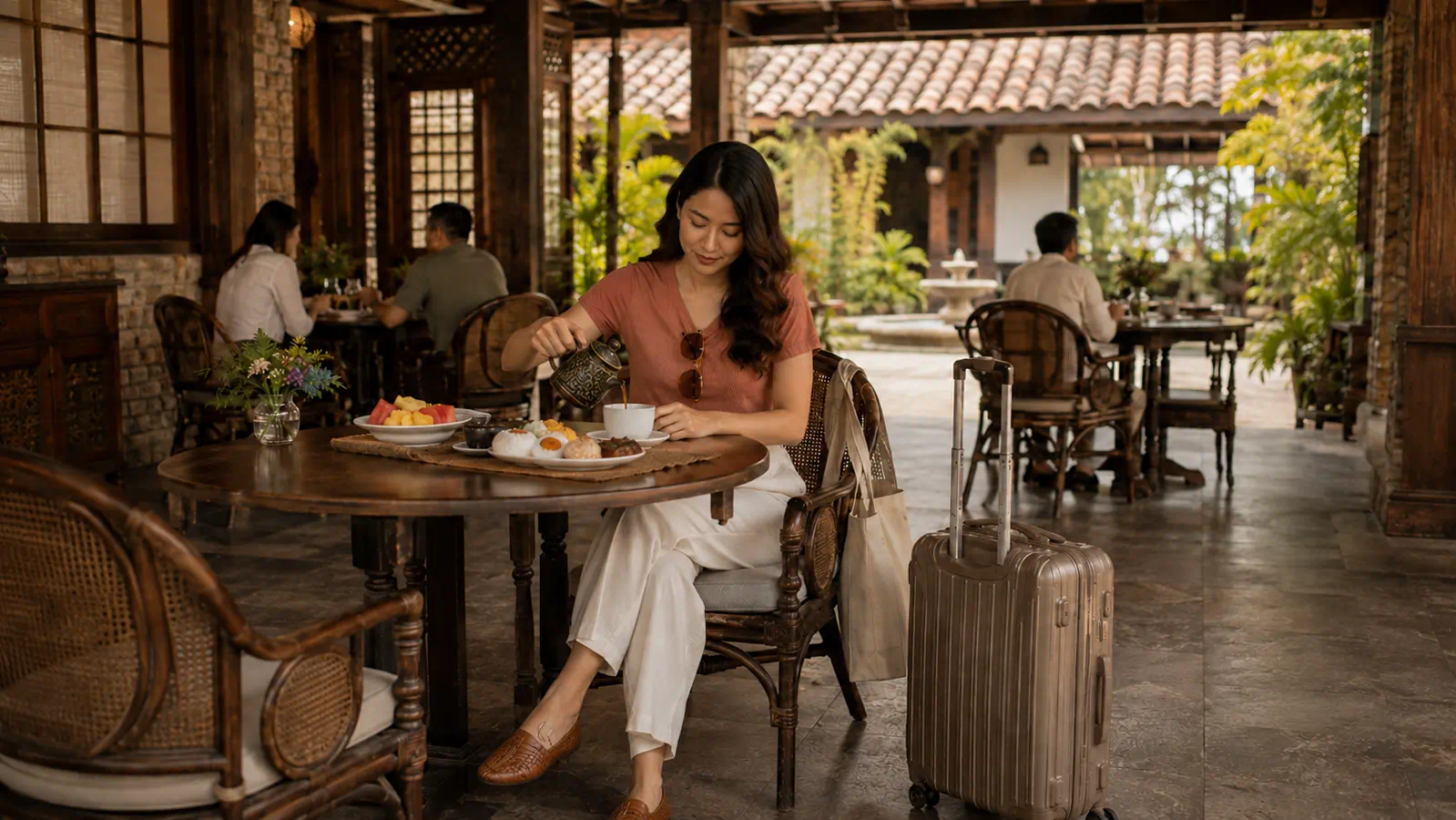 Traveler having breakfast before checking out in Bagac