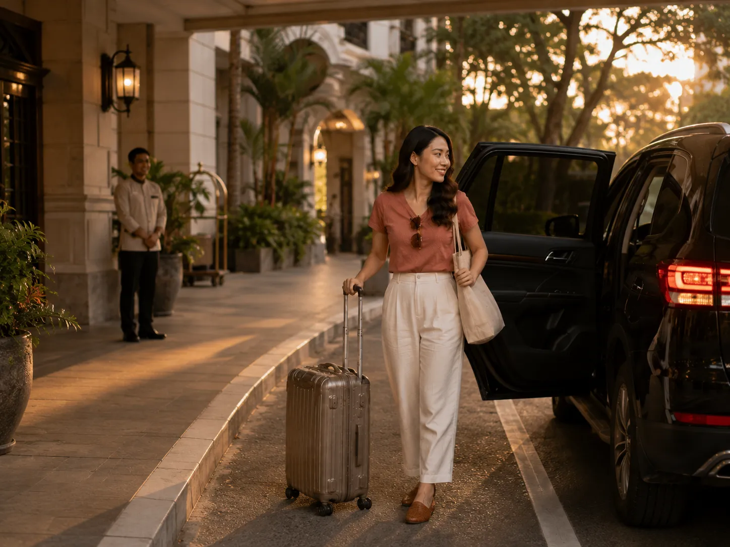 Traveler returning to a hotel after a private trip