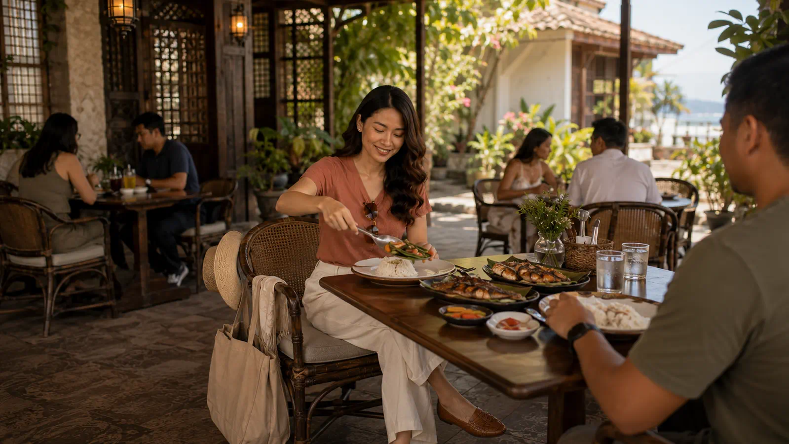 Traveler having lunch at a restaurant in Bagac