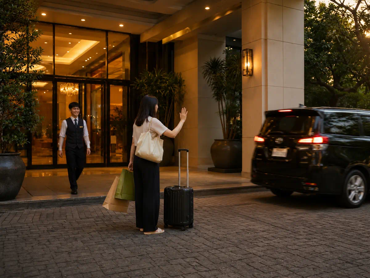 Traveler waving goodbye after a private car drop-off