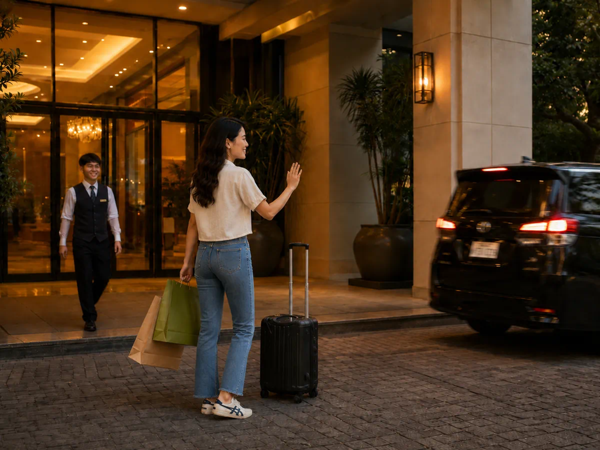 Traveler returning to a hotel after a private trip