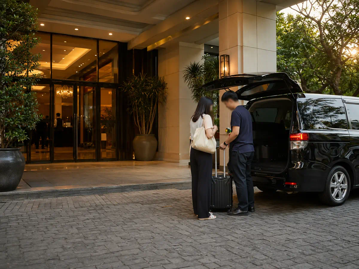 Traveler meeting a private driver at a hotel entrance