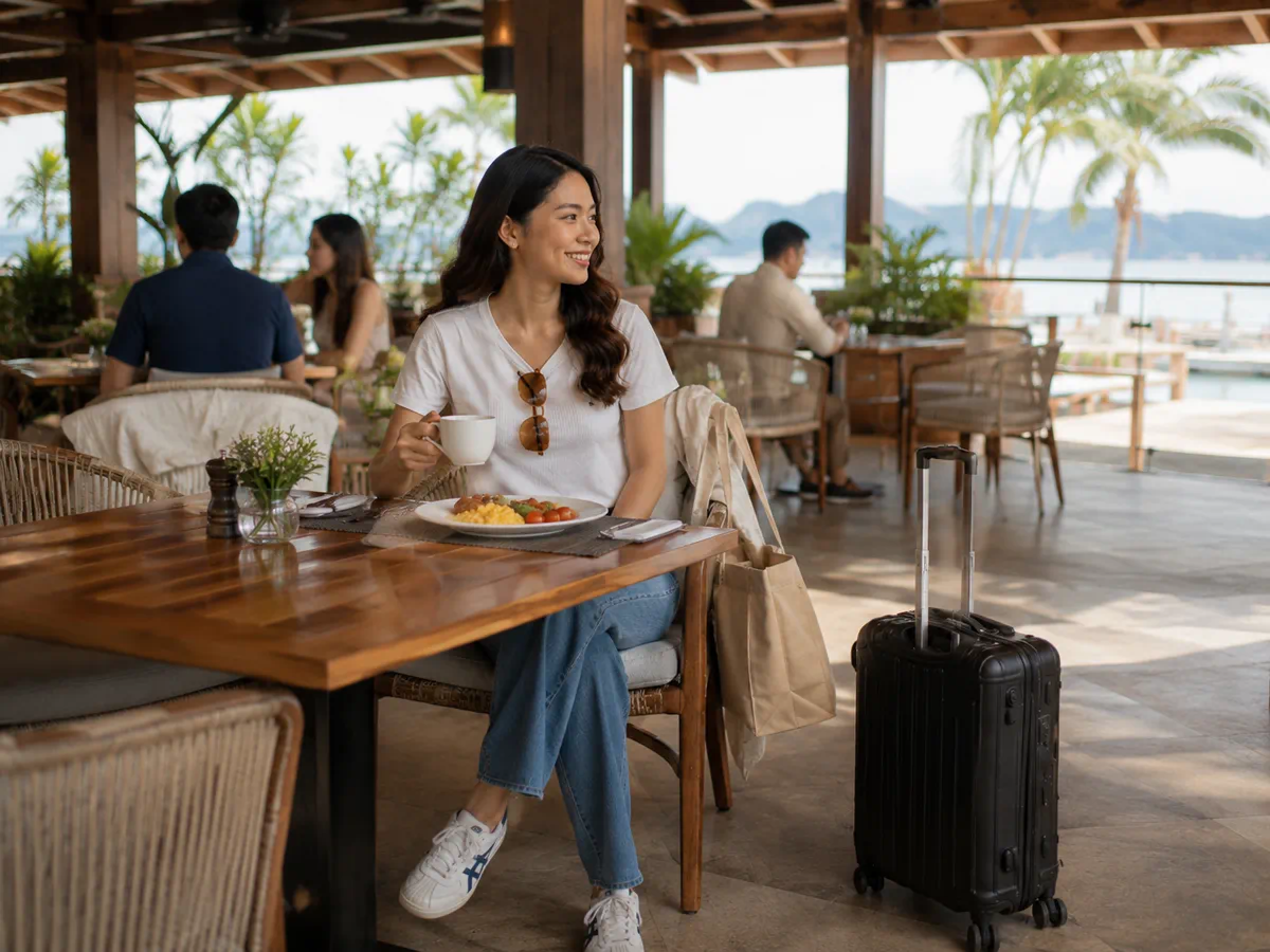 Traveler having breakfast before checking out in Subic